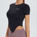 Camiseta de yoga para mujer de manga corta con cuello redondo, blusa entallada para correr, elástica, para gimnasio, fitness y ropa deportiva