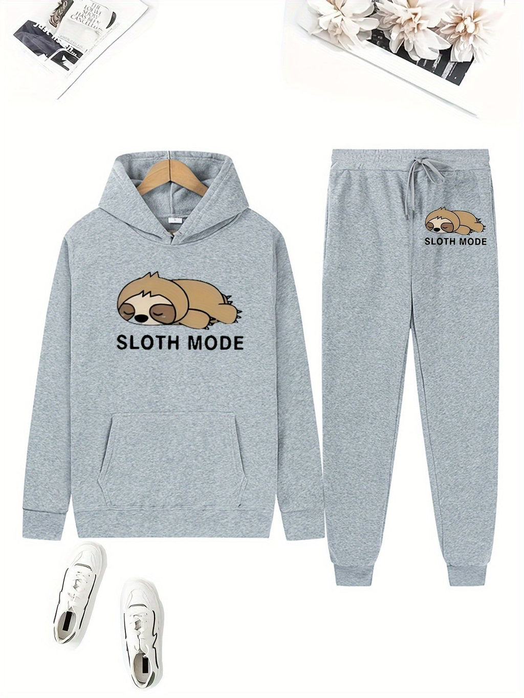 Cute Bear Print Fleece Hoodie Set for Women, Casual Loose Fit, Comfortable Tracksuit, Soft and Warm Sweatshirt
