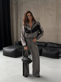 Women's Casual Outfit Loose Color-Block Long Sleeve Zip-Up Cardigan Color-Contrast Top and Pants Tracksuit