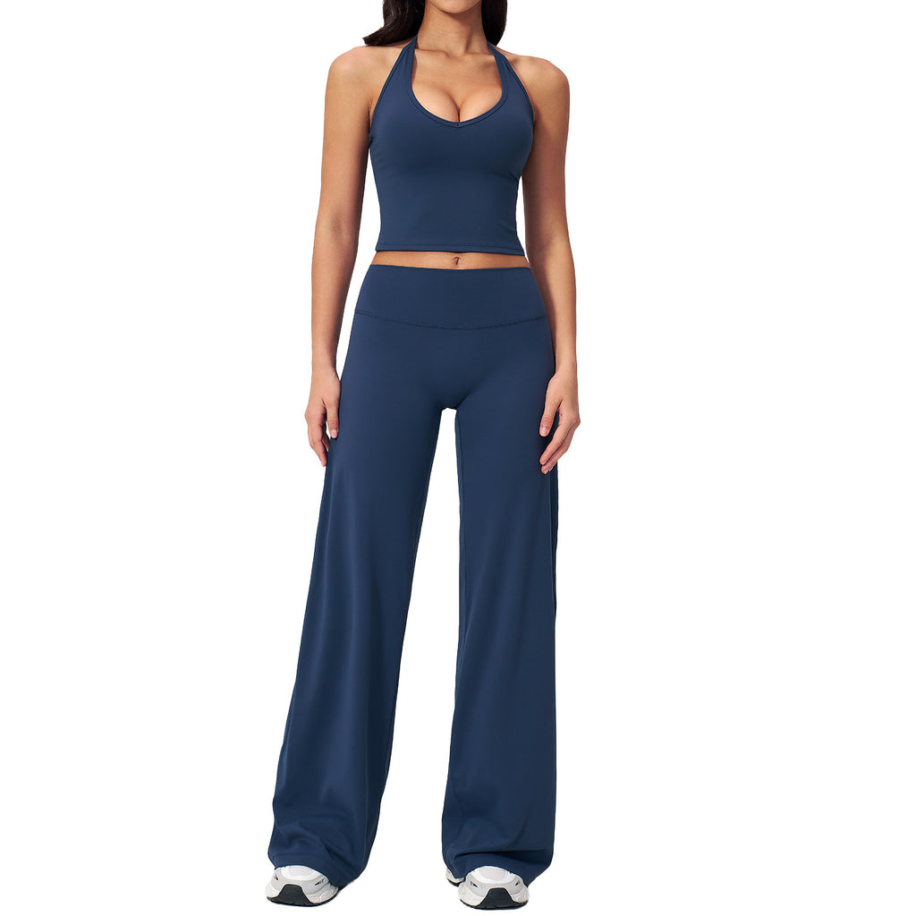 Conjunto deportivo de yoga para entrenamiento, con cuello halter, espalda descubierta, sin mangas, piernas anchas y corte recto