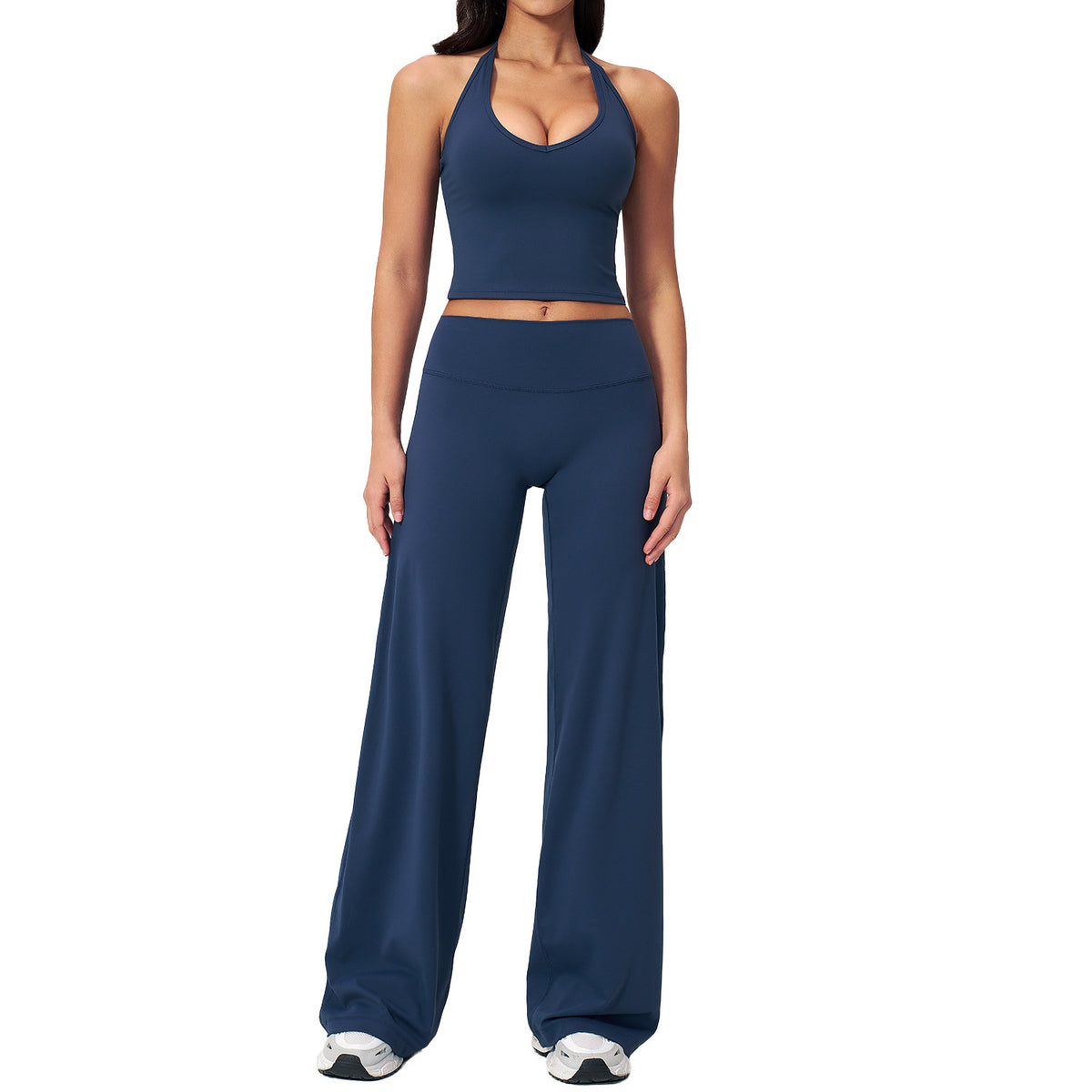 Conjunto deportivo de yoga para entrenamiento, con cuello halter, espalda descubierta, sin mangas, piernas anchas y corte recto