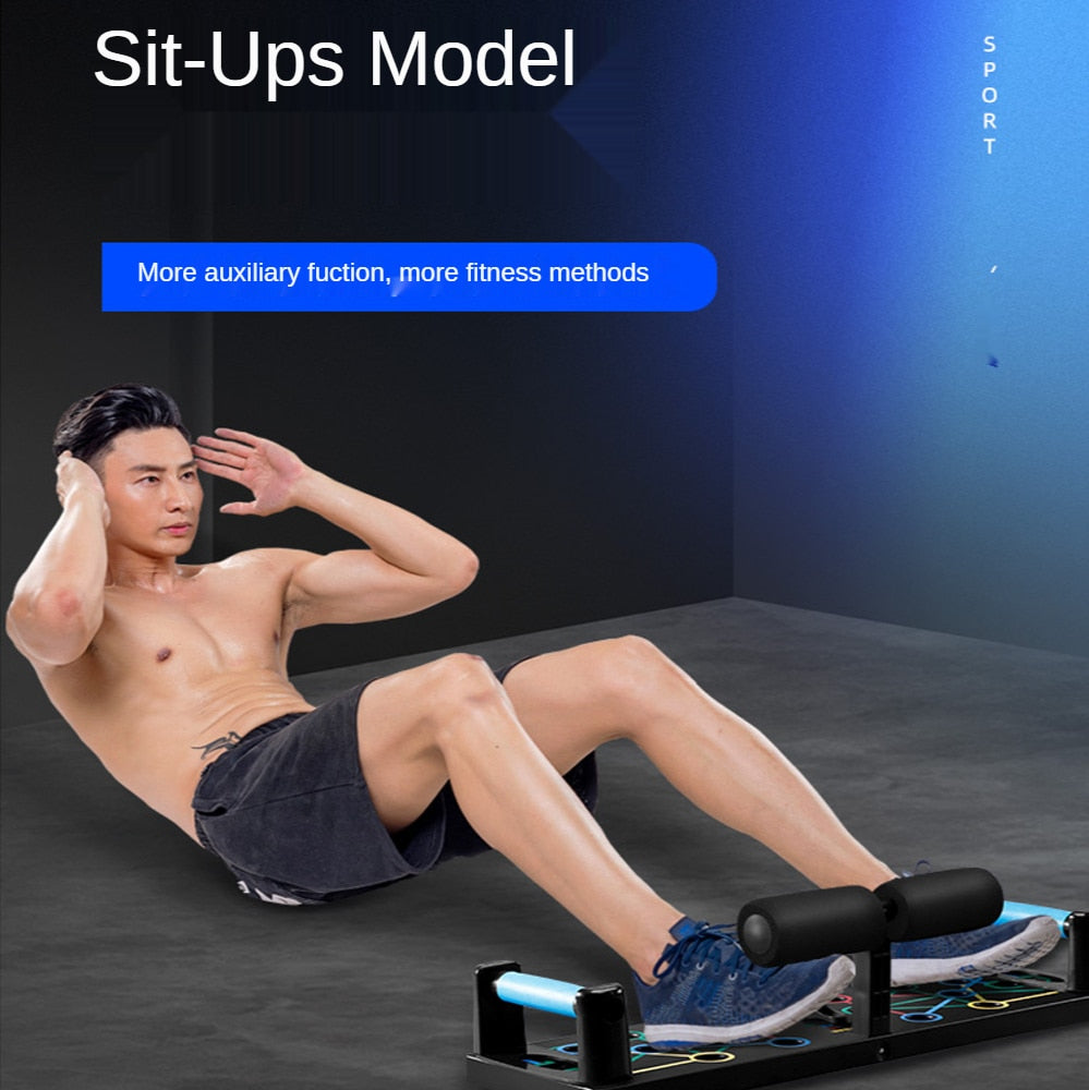 Tabla para flexiones con asas y bandas de resistencia