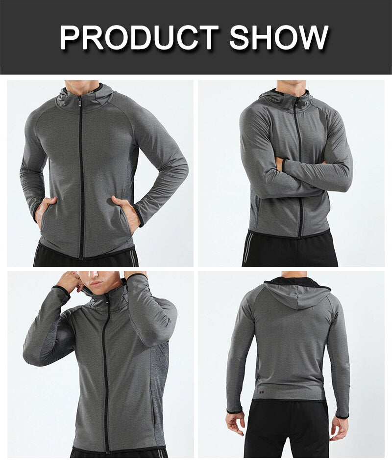 Chaqueta de running de otoño BARBOK, camiseta deportiva de manga larga con capucha y cremallera, camiseta de compresión para hombre, top para gimnasio, footing y fitness