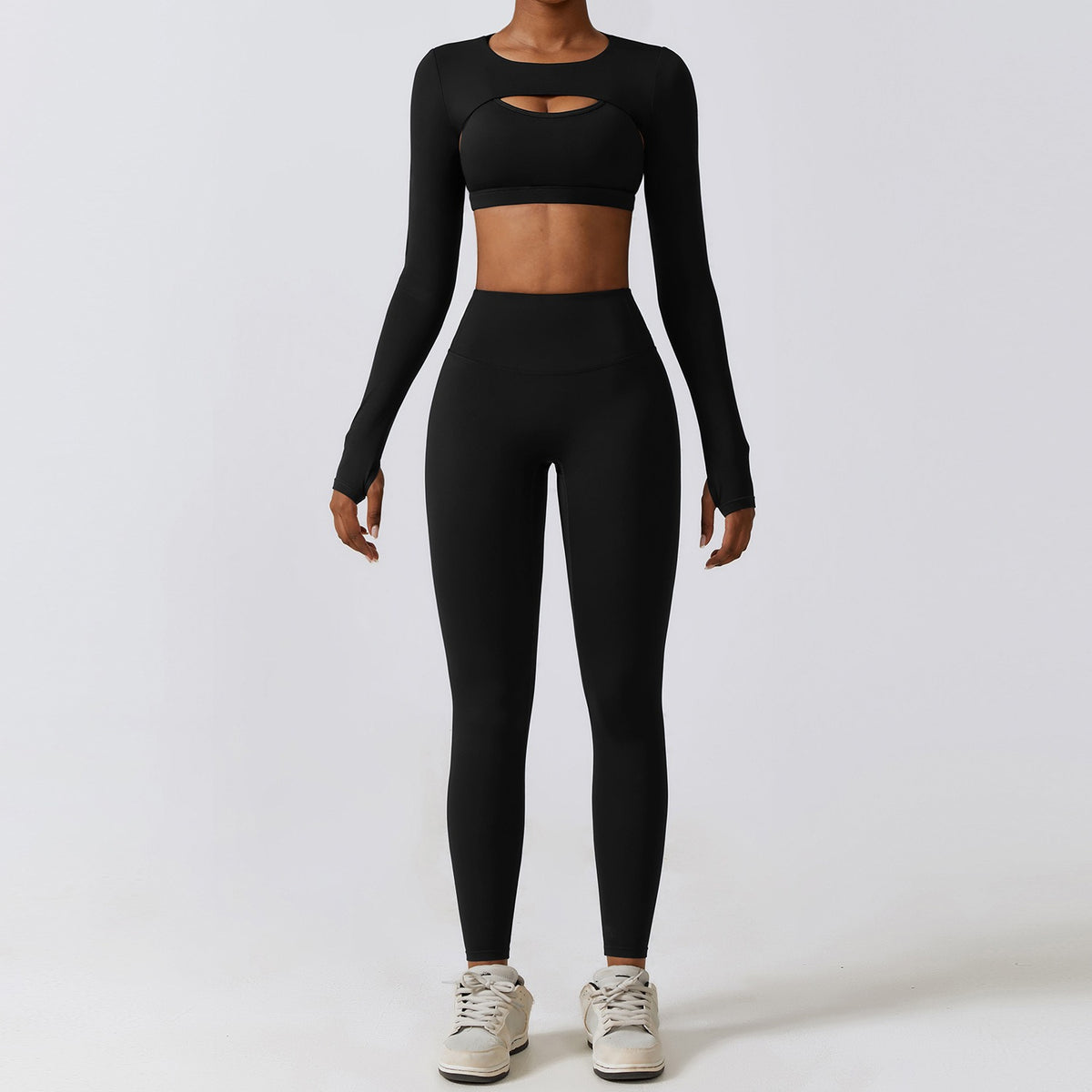 Conjunto de yoga ajustado con capucha, manga larga y efecto piel para mujer