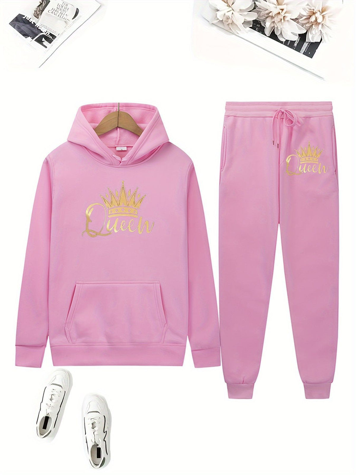 Cute Bear Print Fleece Hoodie Set for Women, Casual Loose Fit, Comfortable Tracksuit, Soft and Warm Sweatshirt