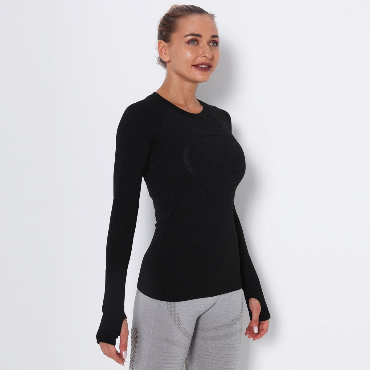 Camisetas deportivas de mujer con letras estampadas, color sólido, alta elasticidad, top de yoga y gimnasio, camiseta de manga larga transpirable para correr