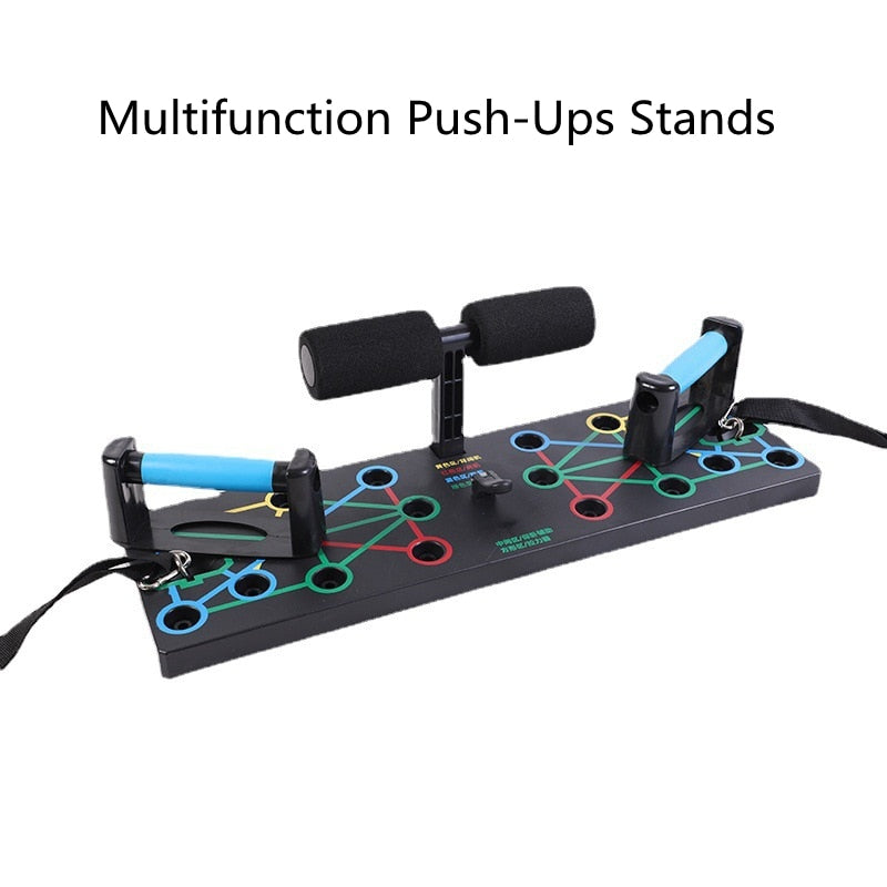 Tabla para flexiones con asas y bandas de resistencia
