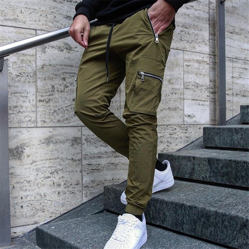 Jogger Sweatpants Track Pants Men Slim Fit Workout Trousers Male Multi-pocket Casual Skinny Pants Men's Zipper Design Sportswear