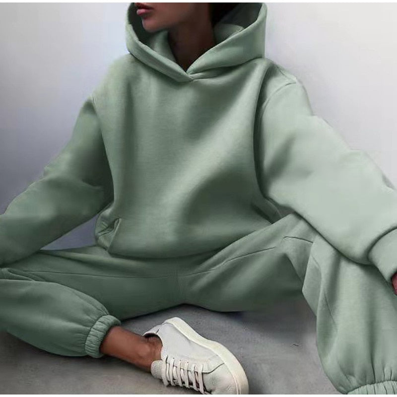 Women's Tracksuit Autumn Plus Fleece Sweatshirts Two Piece Set Casual Oversized Solid Female Sports Hoodie Suit Long Pant Sets