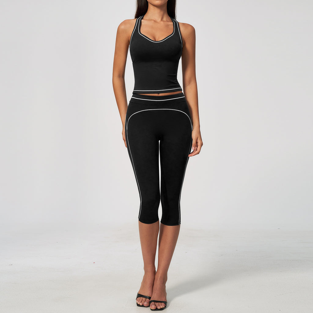 Conjunto de yoga cepillado para mujer, top sin tirantes con cuello en V y leggings de tiro alto con control de abdomen, corte 7/8
