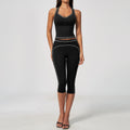 Conjunto de yoga cepillado para mujer, top sin tirantes con cuello en V y leggings de tiro alto con control de abdomen, corte 7/8