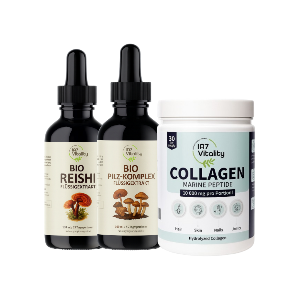 Beschreibung Die IA7 Signature Collection vereint mehrere hochwertige Produkte in einem exklusiven Set. Neben dem vielseitigen Bio Pilz-Komplex enthält das Set einen zusätzlichen Reishi-Einzelextrakt sowie IA7 Marine Collagen Powder. Diese Kollektion richtet sich an Kunden