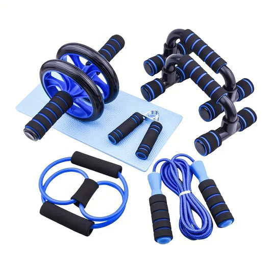 Kit Fitness 7 Piezas para Entrenamiento Completo – Barras Flexiones, Rodillo Ab, Banda, Cuerda, Grip y Esterilla