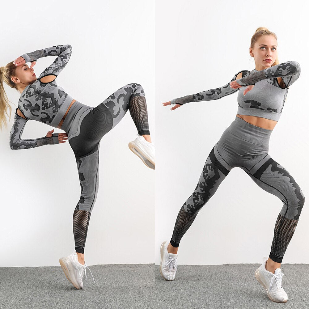 2pcs Female Yoga Set Seamless High Waist Leggings Lace Mesh Sexy Hot Tracksuit Workout Clothes