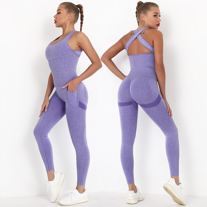 Conjunto de yoga con mameluco de una pieza para mujer, ropa de gimnasio, conjunto de entrenamiento físico, leggings sin costuras con bolsillo, ropa deportiva sin mangas, trajes deportivos