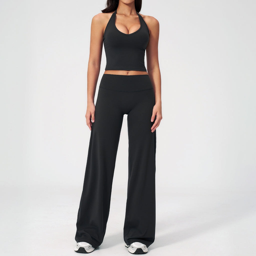 Conjunto deportivo de yoga para entrenamiento, con cuello halter, espalda descubierta, sin mangas, piernas anchas y corte recto