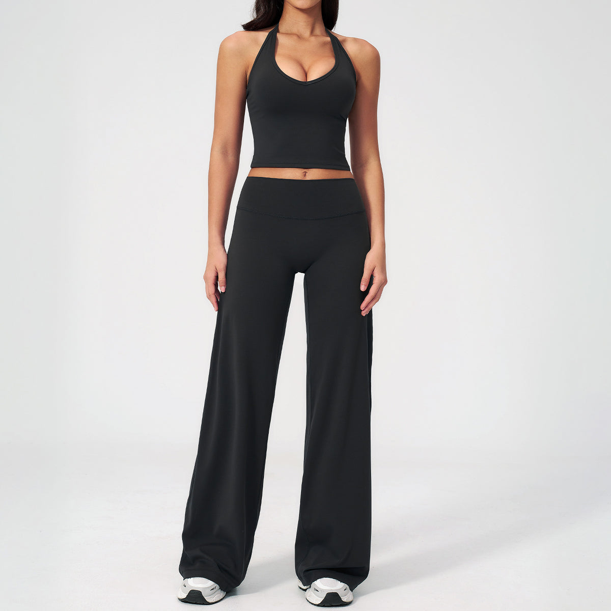 Conjunto deportivo de yoga para entrenamiento, con cuello halter, espalda descubierta, sin mangas, piernas anchas y corte recto