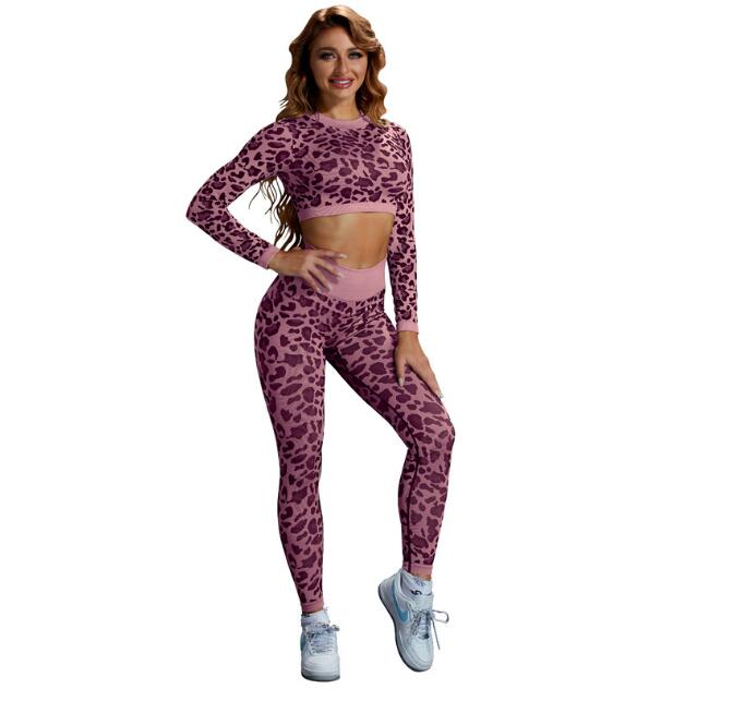 Conjunto de yoga de manga larga con estampado de leopardo para mujer