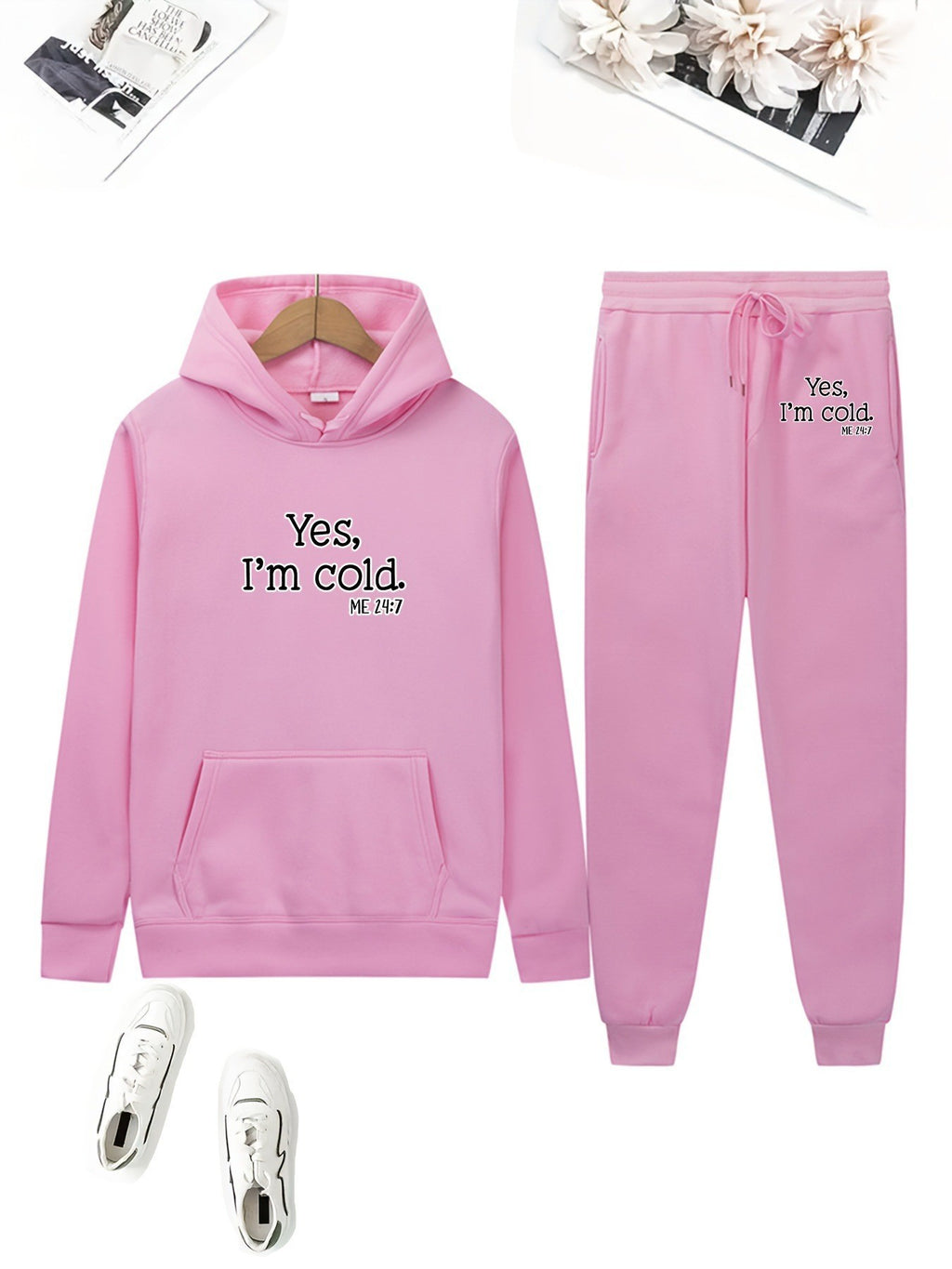 Cute Bear Print Fleece Hoodie Set for Women, Casual Loose Fit, Comfortable Tracksuit, Soft and Warm Sweatshirt
