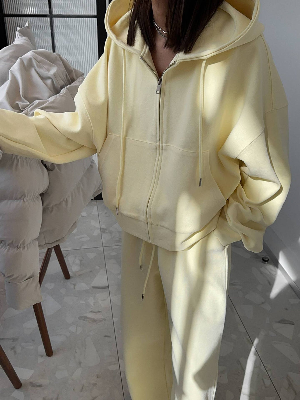 Solid Color Loose Fit Hooded Zip-Up Tracksuit Set for Women