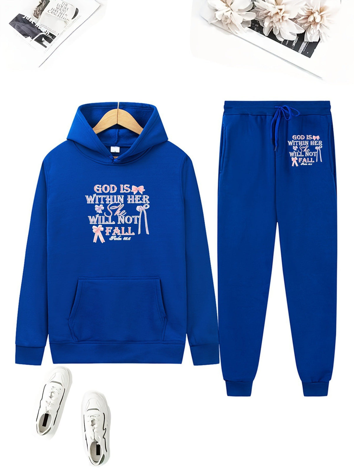 Cute Bear Print Fleece Hoodie Set for Women, Casual Loose Fit, Comfortable Tracksuit, Soft and Warm Sweatshirt