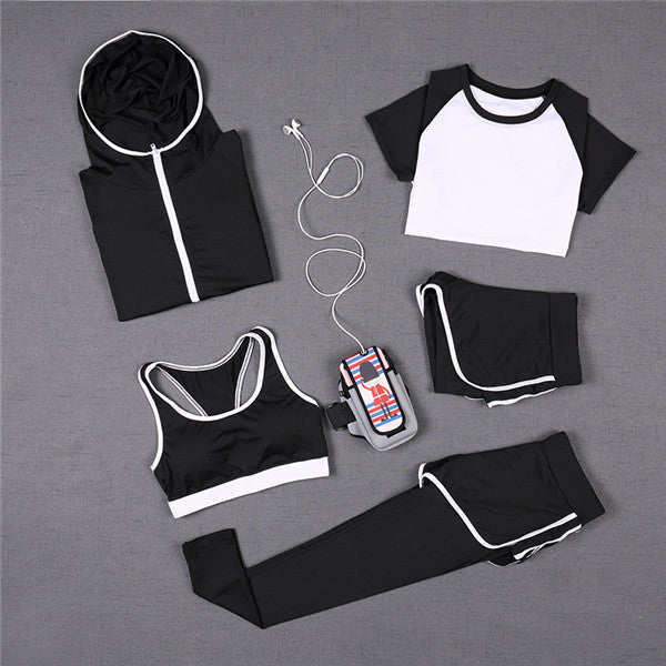 Set de yoga de 5 piezas para mujer: camiseta de running, sujetador deportivo, chaleco, pantalones de fitness, pantalones cortos de manga corta, conjunto de ropa deportiva para gimnasio