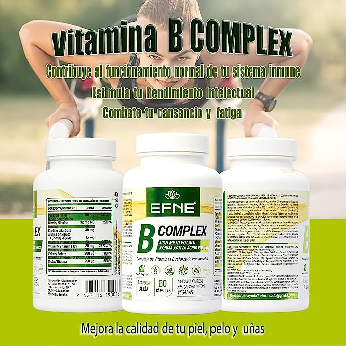 COMPLEJO DE VITAMINA B COMPLEX CON METILFOLATO. Forma Activa Ácido Fólico. (Deficiencias por veganismo, Agotamiento)