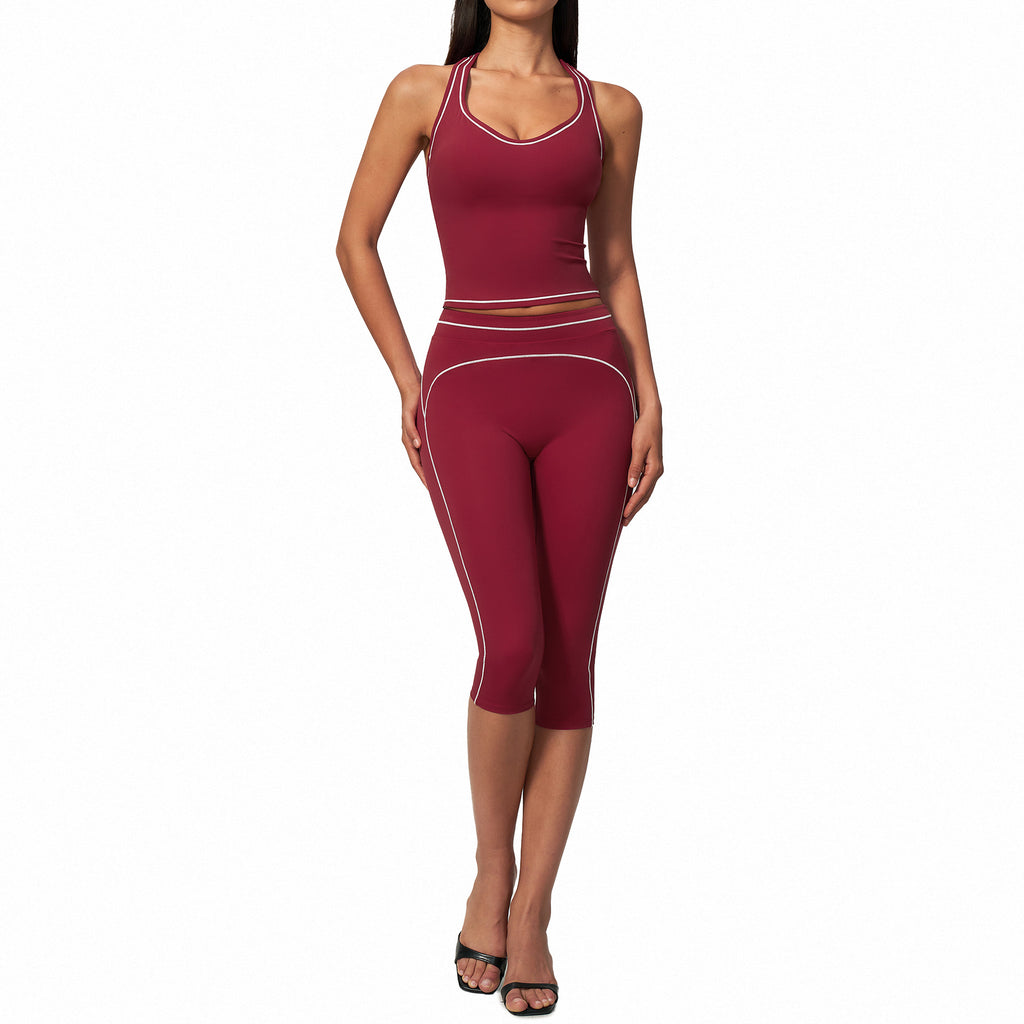 Conjunto de yoga cepillado para mujer, top sin tirantes con cuello en V y leggings de tiro alto con control de abdomen, corte 7/8