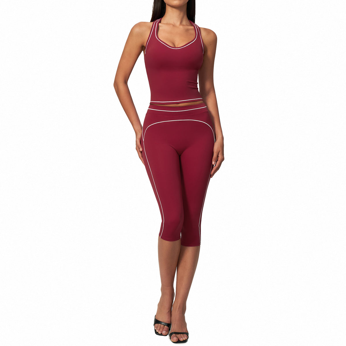 Conjunto de yoga cepillado para mujer, top sin tirantes con cuello en V y leggings de tiro alto con control de abdomen, corte 7/8