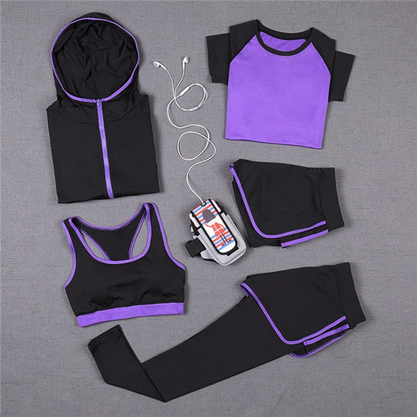 Set de yoga de 5 piezas para mujer: camiseta de running, sujetador deportivo, chaleco, pantalones de fitness, pantalones cortos de manga corta, conjunto de ropa deportiva para gimnasio
