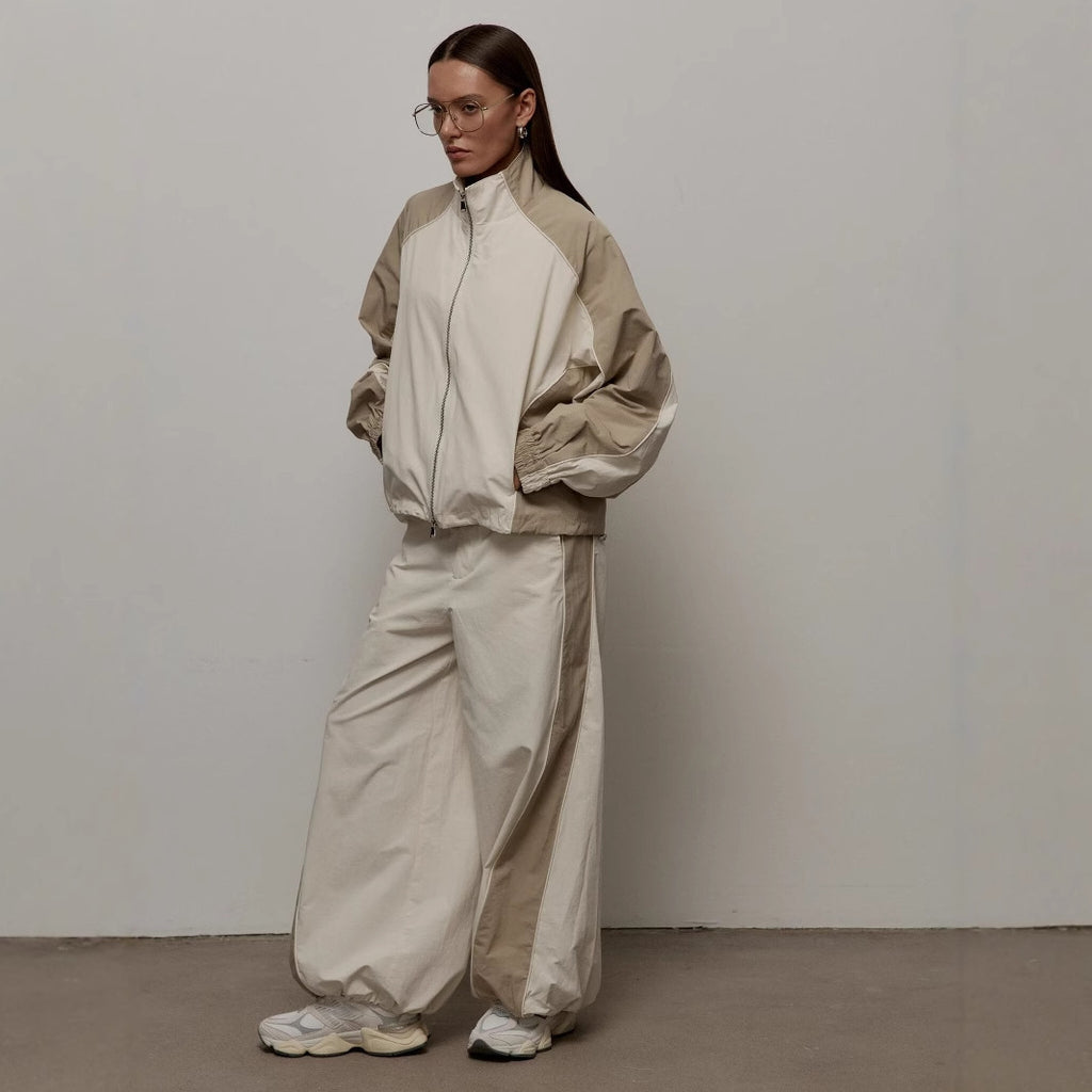 Casual Women's Fashion Color-Blocked Drawstring Tracksuit Set, Two-Piece Sports Jacket and Pants