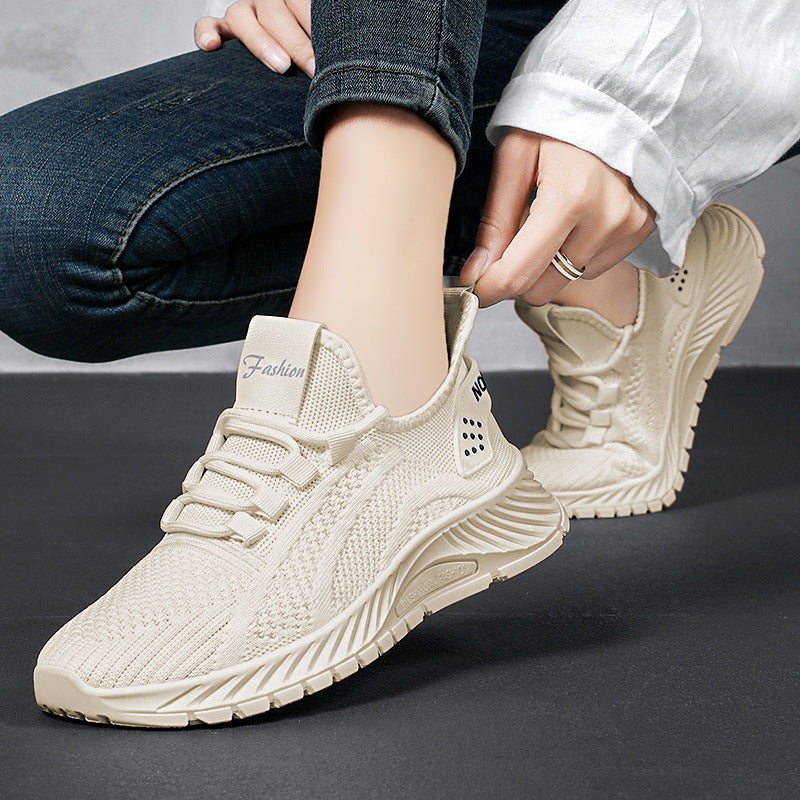 Zapatillas de deporte con cordones para mujer, calzado deportivo de tela beige para exteriores, cómodas, ligeras y antideslizantes para gimnasio, trabajo y uso diario