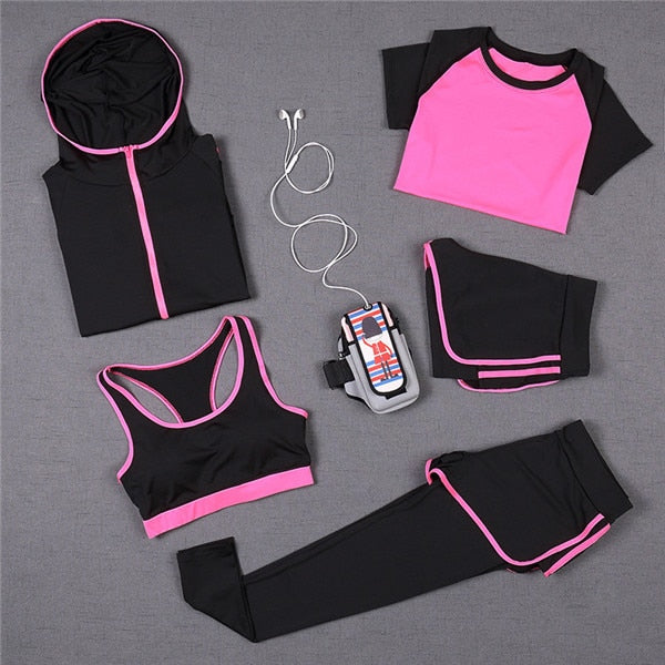 Set de yoga de 5 piezas para mujer: camiseta de running, sujetador deportivo, chaleco, pantalones de fitness, pantalones cortos de manga corta, conjunto de ropa deportiva para gimnasio