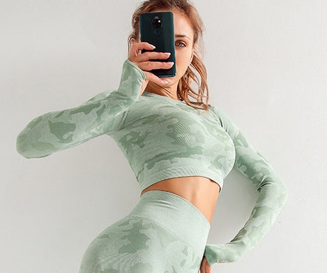 Camouflage 3-piece long sleeved bra pants sports fitness yoga peach hip lifting tight pants set