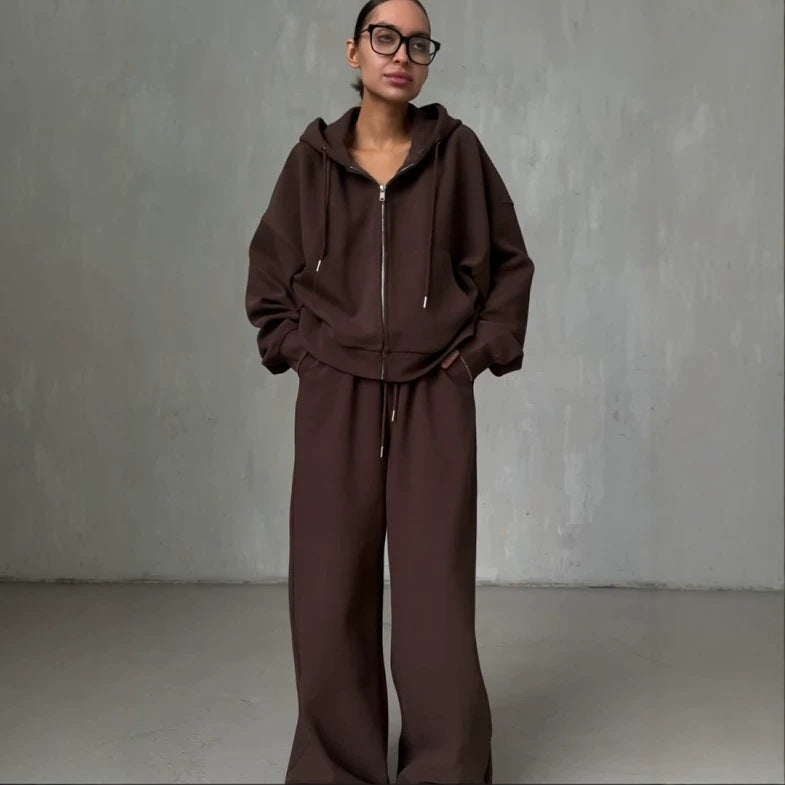 Solid Color Loose Fit Hooded Zip-Up Tracksuit Set for Women