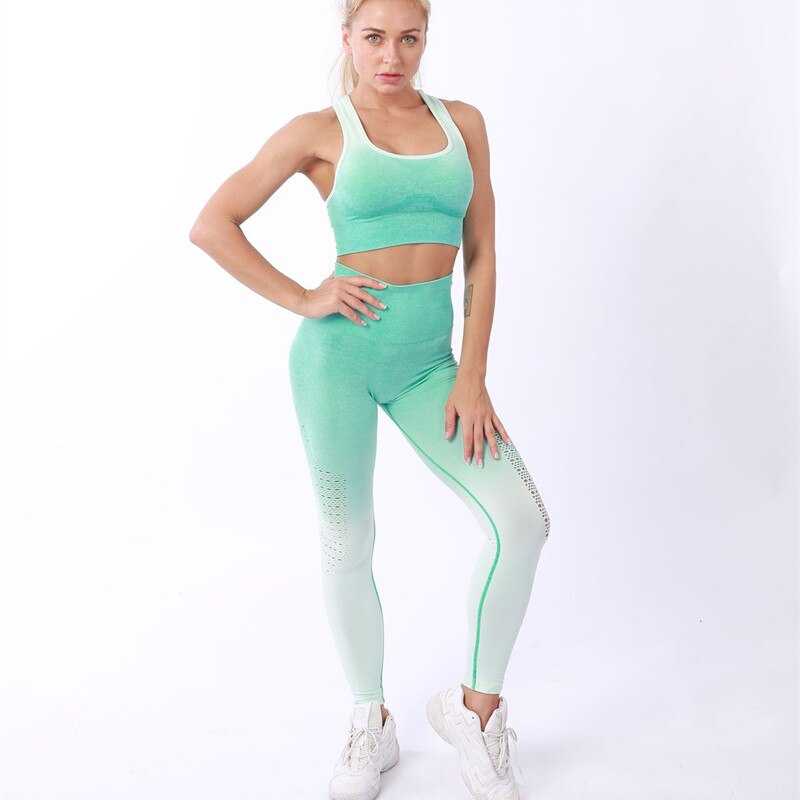 Conjunto deportivo de yoga para mujer, conjunto de entrenamiento sin costuras con degradado, ropa de gimnasio, traje de correr y fitness con efecto push-up