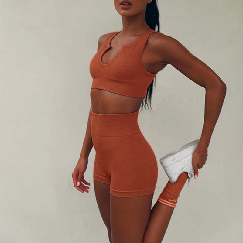 Conjunto de dos piezas, tejido sin costuras, sexy, para gimnasio, deporte, entrenamiento, correr, sujetador deportivo corto, traje de yoga, chándal, cuello en U, fitness