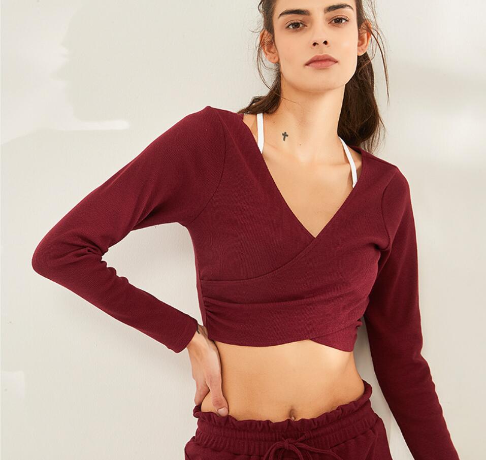 Top corto de yoga de manga larga para mujer, acanalado, transpirable, camiseta deportiva, camisa de fitness para entrenamiento, top de gimnasio, suéter para correr