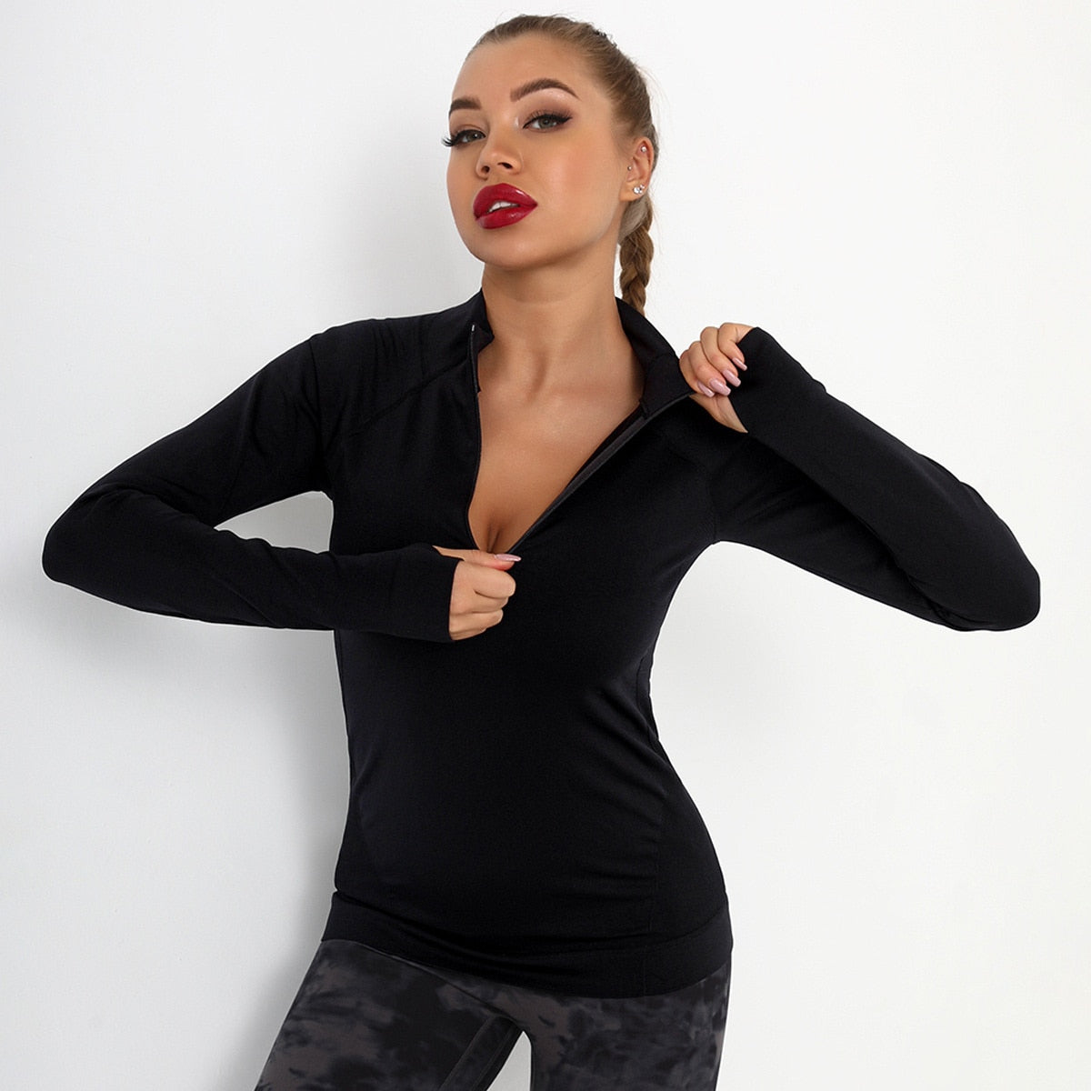 Camiseta deportiva de manga larga para mujer con cremallera, bolsillo, sudadera de gimnasio, blusa de yoga atlética, de secado rápido