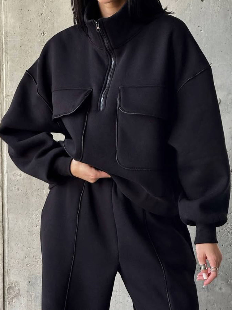 Conjunto Casual Mujer Sudadera con Capucha Media Cremallera y Pantalón Largo – Estilo Street