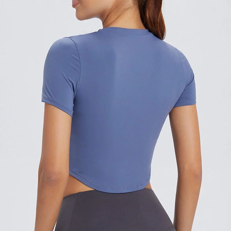 Camiseta de yoga para mujer de manga corta con cuello redondo, blusa entallada para correr, elástica, para gimnasio, fitness y ropa deportiva