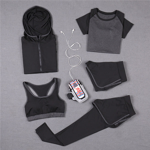 Set de yoga de 5 piezas para mujer: camiseta de running, sujetador deportivo, chaleco, pantalones de fitness, pantalones cortos de manga corta, conjunto de ropa deportiva para gimnasio