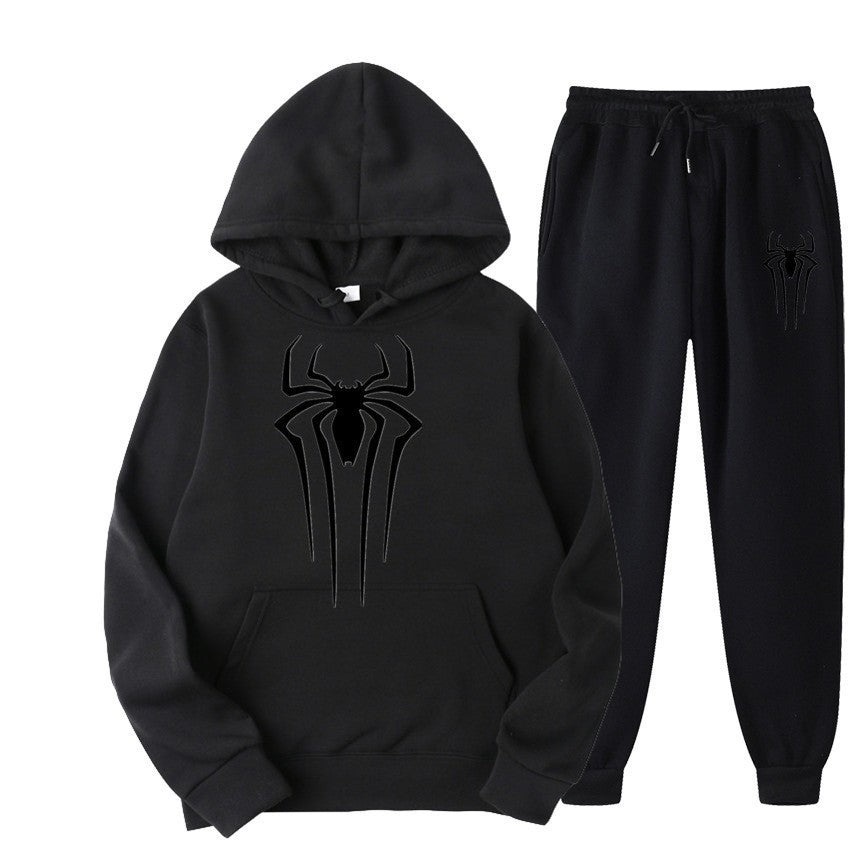 men's casual sportswear set, spider print, fleece-lined thickened tracksuit, cool and stylish