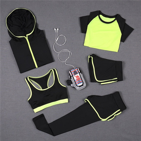 Set de yoga de 5 piezas para mujer: camiseta de running, sujetador deportivo, chaleco, pantalones de fitness, pantalones cortos de manga corta, conjunto de ropa deportiva para gimnasio