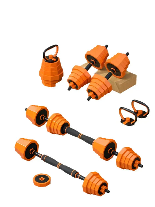 Equipo de fitness ajustable 4 en 1: mancuerna, barra, pesa rusa y soporte para flexiones, 53x43x38 cm, naranja