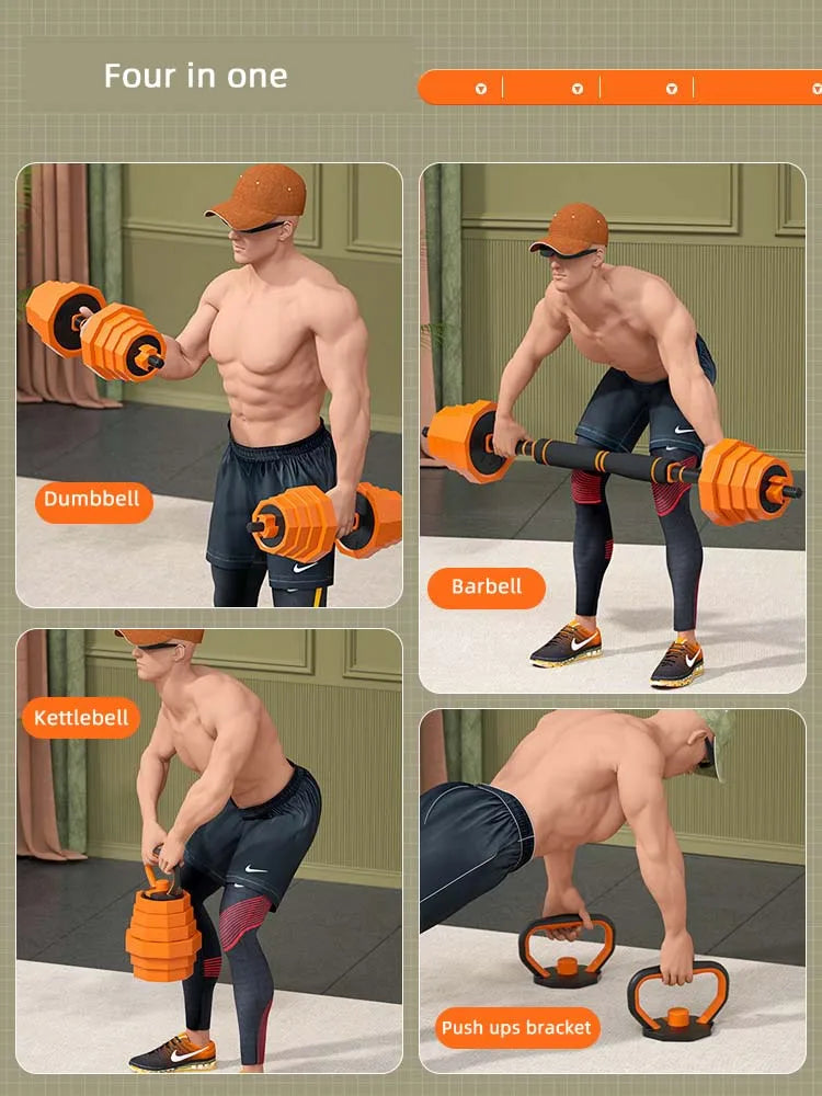 Equipo de Fitness 4 en 1 Ajustable – Mancuerna, Barra, Kettlebell y Soporte Flexiones, 53x43x38cm, Naranja