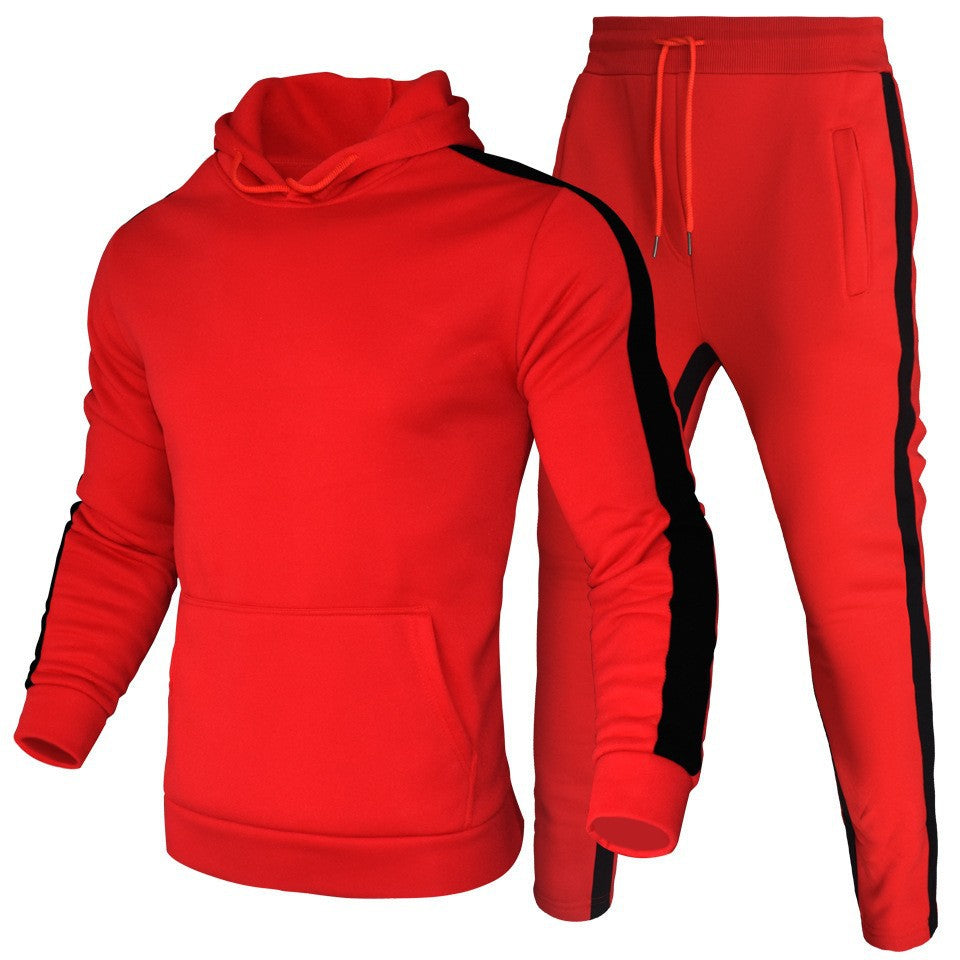Men's Casual Solid Color Hooded Sweatshirt and Pants Two-Piece Set - Plus Size Athletic Tracksuit