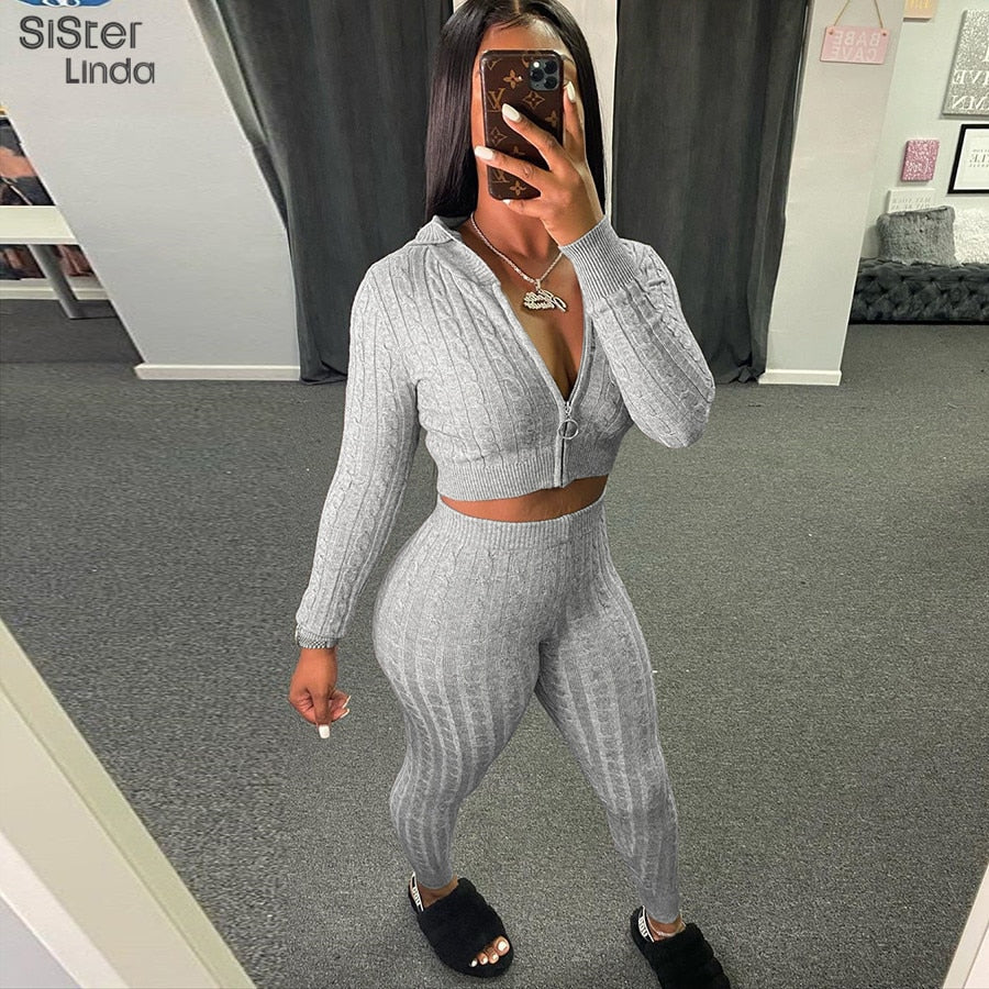 Conjunto de dos piezas de punto acanalado Sisterlinda para mujer, sudadera con capucha y cremallera de alta elasticidad y leggings deportivos brillantes
