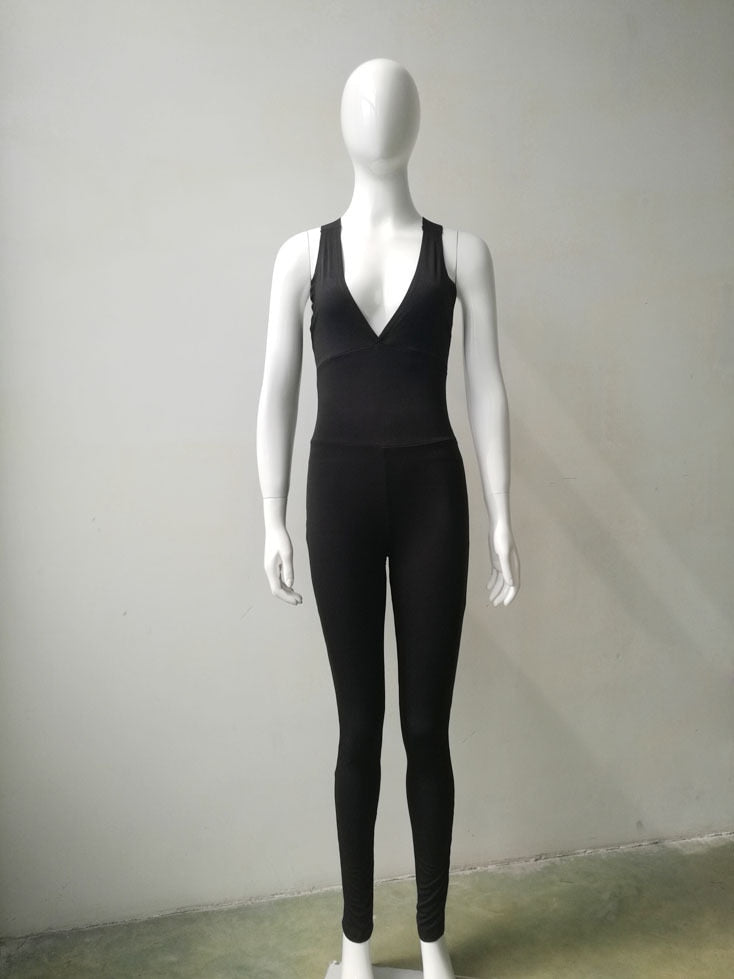 Conjunto deportivo de yoga para gimnasio y running, body sexy con espalda descubierta y cuello en V profundo, leggings y pantalones elásticos.