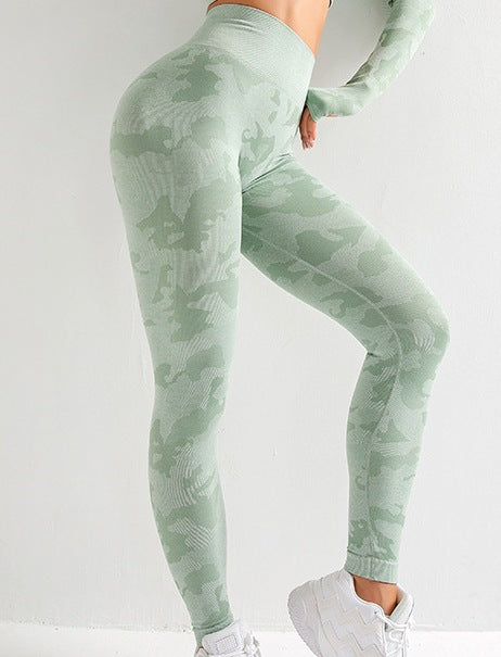 Camouflage 3-piece long sleeved bra pants sports fitness yoga peach hip lifting tight pants set